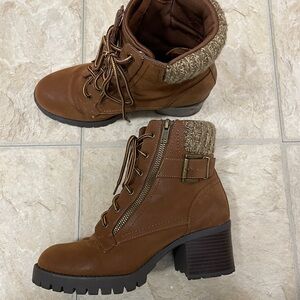 MIA Brown Combat and Moto Boots with Chunky Heel and Rugged Sole